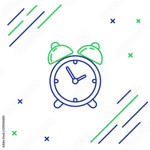 Blue and green line Alarm clock icon isolated on white background. Wake up, get up concept. Time sign. Colorful outline concept. Vector Illustration