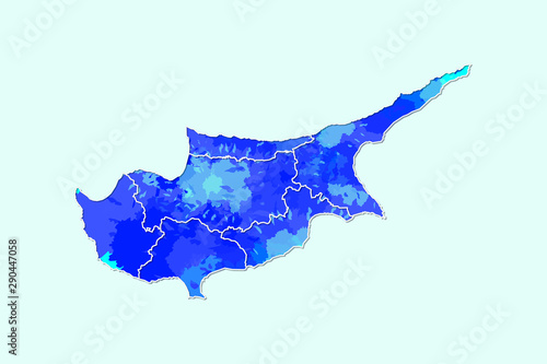 Cyprus watercolor map vector illustration of blue color with border lines of different regions or districts on light background using paint brush in page
