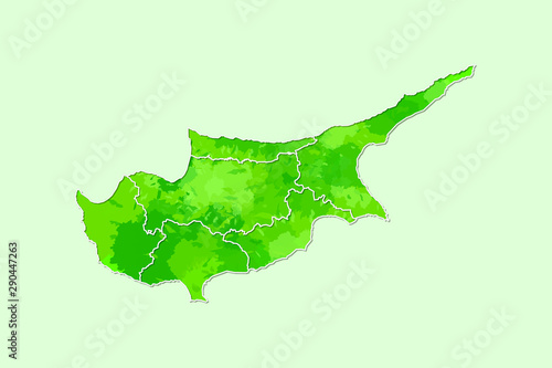 Cyprus watercolor map vector illustration of green color with border lines of different regions or districts on light background using paint brush in page