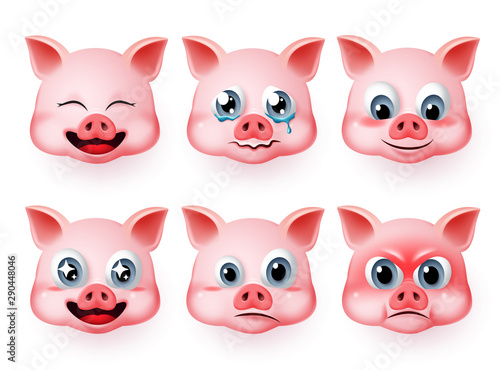 Pig emoticon vector set. Pigs cute emojis set with happy  angry and crying facial expressions and mood isolated in white background. Vector illustration 3d realistic.