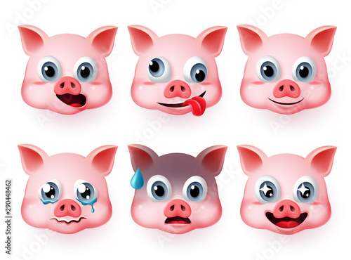 Pig emoticon fat face vector set. Emoji pigs head in cute faces like happy and scared facial expressions isolated in white background. Vector illustration 3d realistic.