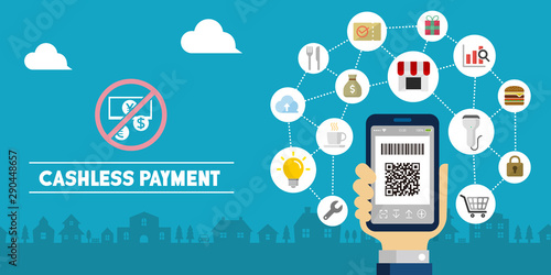 Cashless payment ( QR code payment, smartphone payment) vector banner illustration
