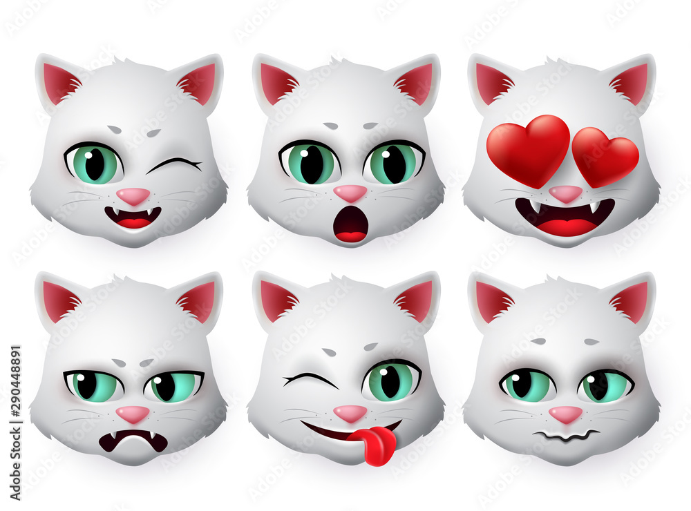 Emoticon cat face vector set.Kitty cats head emojis in pretty faces with funny and inlove expression for collection isolated in white background. Vector illustration.