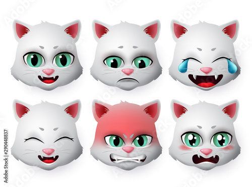 Cat face emoji vector set. Cats emoticon in angry and sad expressions or emotion isolated in white background. Vector illustration 3d realistic.