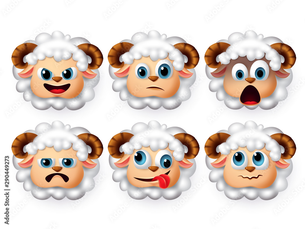 Lamb face emoticon vector set. Emoji and emoticon of cute lamb sheep in curly hair with sad and surprise expressions isolated in white background. Vector illustration 3d realistic. Lamb face emoticon vector set. Emoji and emoticon of cute lamb sheep in curly hair with sad and surprise expressions isolated in white background. Vector illustration 3d realistic.