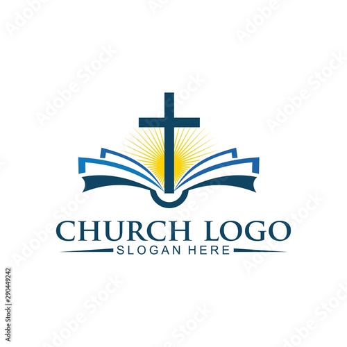church christian logo, bible with sun and cross, vector icon design template.