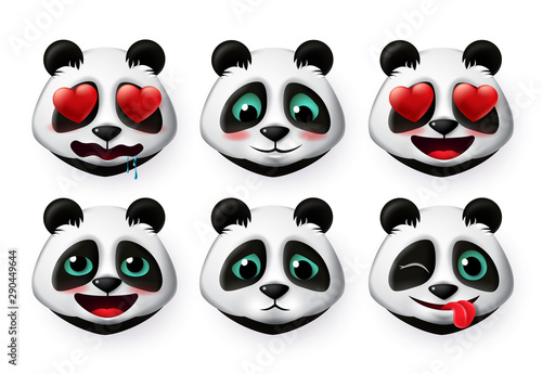 Pandas emojis and bear emoticons vector set. Panda bear head face emoji like shy and inlove cute expressions 3d realistic design isolated in white background. Vector illustration.