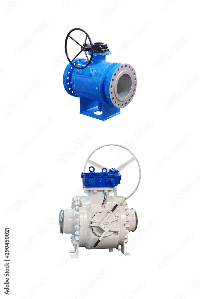 two modern ball valve with manual control using a powerful box isolated on white background two modern ball valve with manual control using a powerful box isolated on white background