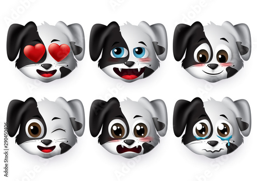 Dog emoticon vector set. Cute puppy dogs face emoticons and emojis in funny and shy facial expressions isolated in white background. Vector illustration.