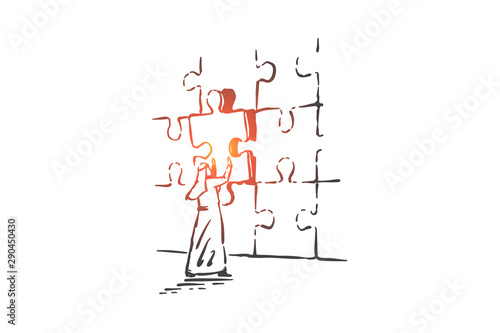Jigsaw puzzle assembling concept sketch. Hand drawn isolated vector