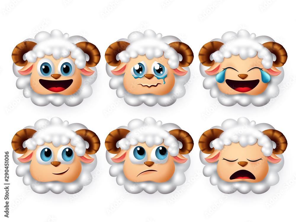 Obraz premium Emojis lamb vector set. Emoticon and icon of sheeps and lambs head face with curly white hair in mood of sleeping and crying isolated in white background. Vector illustration 3d realistic.