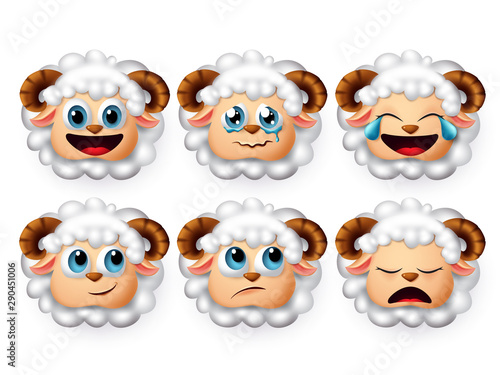 Emojis lamb vector set. Emoticon and icon of sheeps and lambs head face with curly white hair in mood of sleeping and crying isolated in white background. Vector illustration 3d realistic.