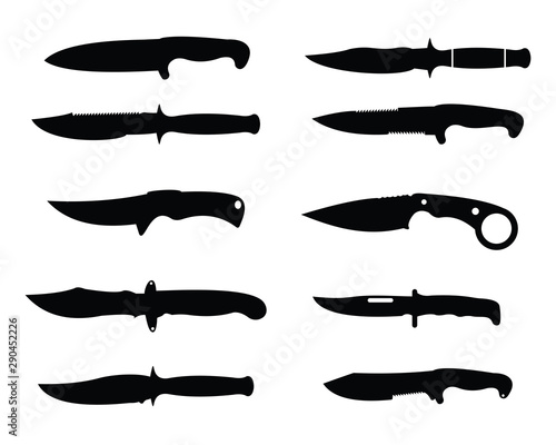  Military Knives silhouette. Set of different knifes black silhouette icons isolated on white background. army knife