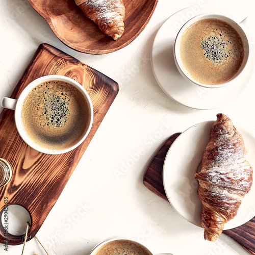 European breakfast, top view, coffee, croissants, honey, nuts, good morning concept