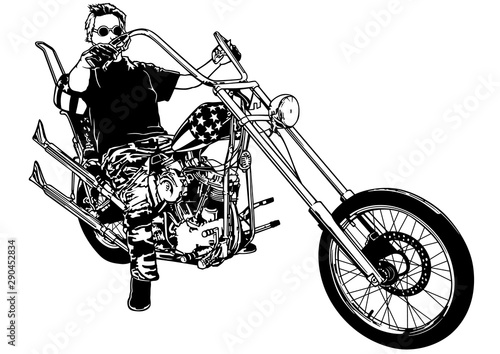 Motorcyclist on Chopper - Black and White Illustration with Rider on Motorcycle, Vector