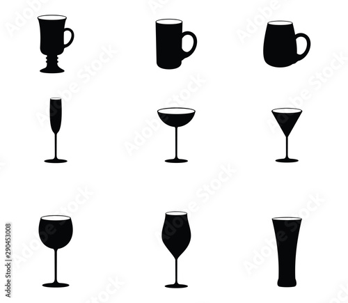 Set of vector glasses. Set of vector glasses for wine, martini, champagne and other