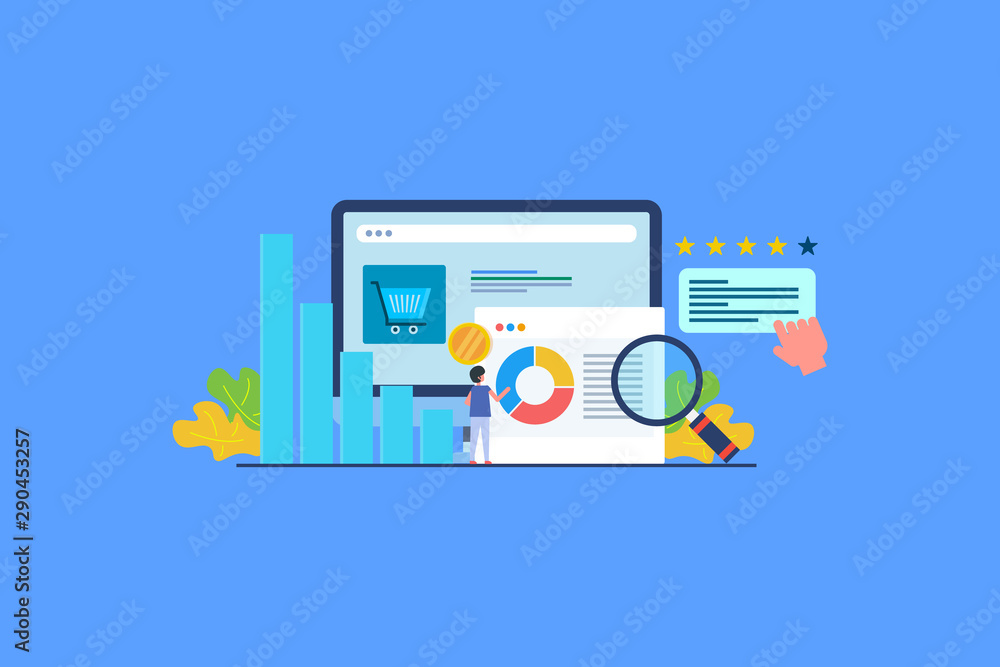 Ecommerce analytic, data driven marketing, customer decision, review, experience concept, flat design vector banner with character figure. Ecommerce analytic, data driven marketing, customer decision, review, experience concept, flat design vector banner with character figure.
