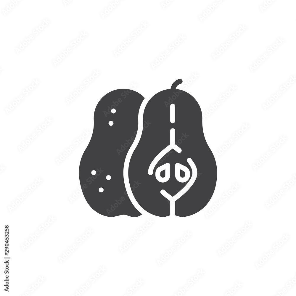 Pear fruit vector icon. filled flat sign for mobile concept and web design. Whole and sliced pears glyph icon. Symbol, logo illustration. Vector graphics Pear fruit vector icon. filled flat sign for mobile concept and web design. Whole and sliced pears glyph icon. Symbol, logo illustration. Vector graphics