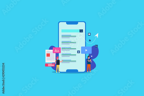 Mobile marketing strategy, reach target audience, digital content, video, ads, seo, social media concept. Flat design banner with character figures.