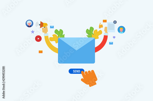 Sending personalized email to subscribers, email marketing campaign, increase email open rate, newsletter notification concept, flat design vector banner.