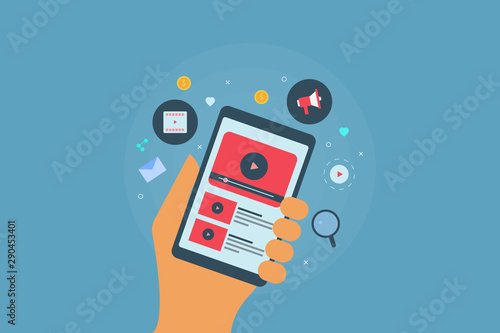 Mobile video, concept of successful customer engagement with video content, digital inbound strategy. Flat design vector banner with icons and elements.