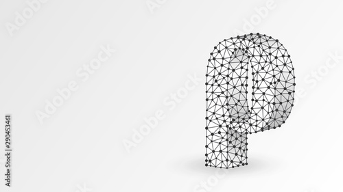 Rho, the letter of a Greek alphabet. Greek numerals, mathematical one hundred number concept. Abstract, digital, wireframe, low poly mesh, vector white origami 3d illustration. Triangle, line, dot