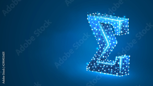 Sigma, the letter of a Greek alphabet. Greek numerals, mathematical two hundred number concept. Abstract, digital, wireframe, low poly mesh, vector blue neon 3d illustration. Triangle, line, dot