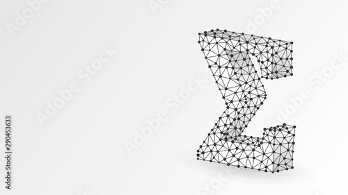 Sigma, the letter of a Greek alphabet. Greek numerals, mathematical two hundred number concept. Abstract, digital, wireframe, low poly mesh, vector white origami 3d illustration. Triangle, line, dot