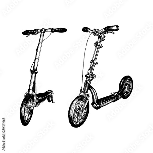 Vector illustration of push scooters. Hand drawn sketch of foot-driven transport on a white background.