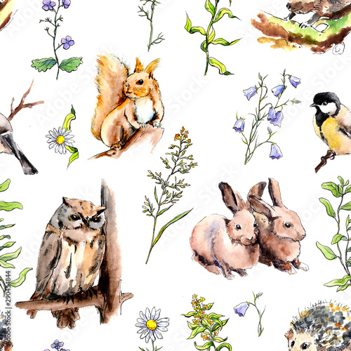 Animals, birds - rabbits, squirrel, owl, hedgehog in meadow grass. Seamless pattern. Watercolor in sketch style