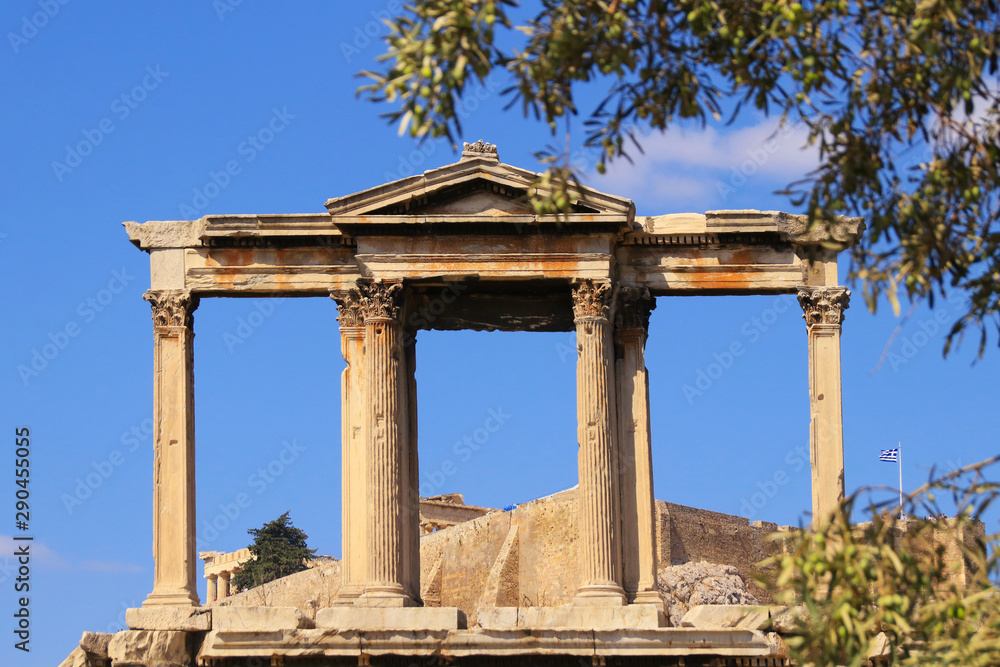 Arch of Hadrian with view to the Acropolis - Athens, Greece