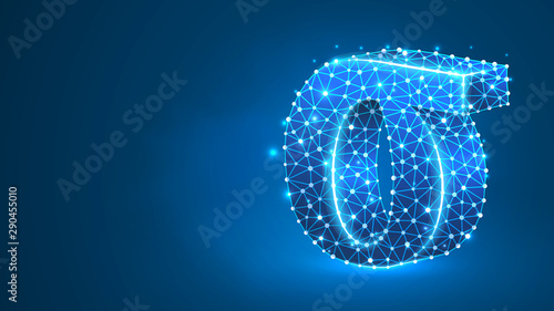 Sigma, the letter of a Greek alphabet. Greek numerals, mathematical two hundred number concept. Abstract, digital, wireframe, low poly mesh, vector blue neon 3d illustration. Triangle, line, dot