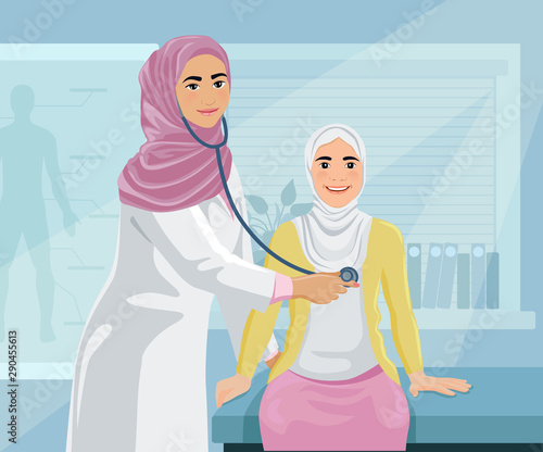Smiling young Muslim female doctor. Cute Arabic woman wearing a lab coat and hijab stands with crossed arms. Vector illustration