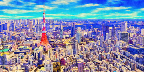 Photography Colorful watercolor hand-painted art illustration : panoramic cityscape of Tokyo