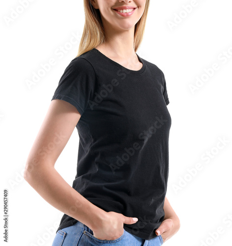 Woman in stylish t-shirt on...