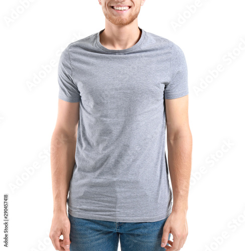 Man in stylish t-shirt on white background