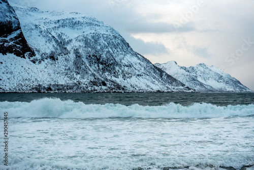 Dramatic winter sea and epic snowy mountains  Lofoten islands in Norway