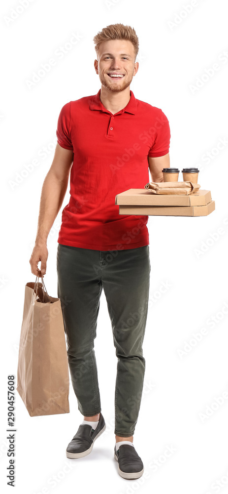 Handsome worker of food delivery service on white background Handsome worker of food delivery service on white background
