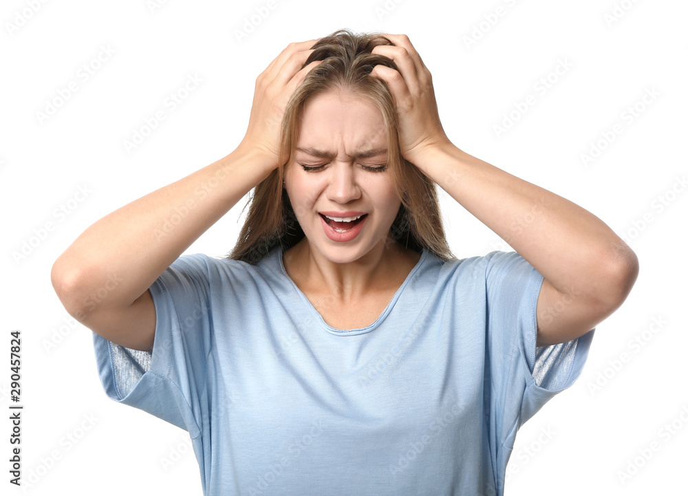 Woman having panic attack on white background Woman having panic attack on white background