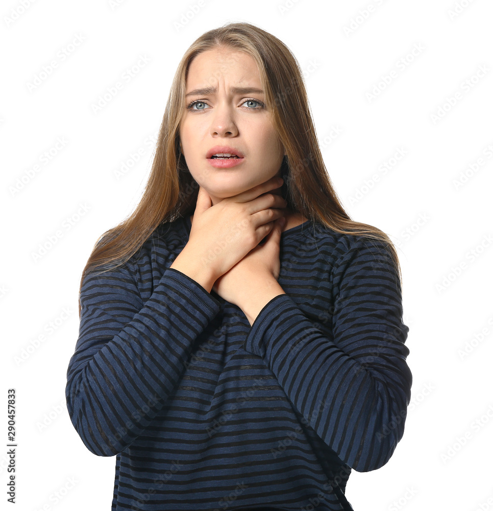 Woman having panic attack on white background Woman having panic attack on white background