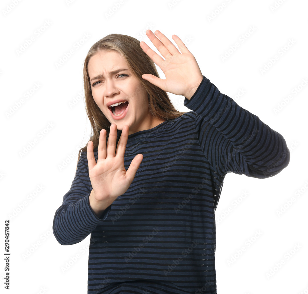 Woman having panic attack on white background Woman having panic attack on white background