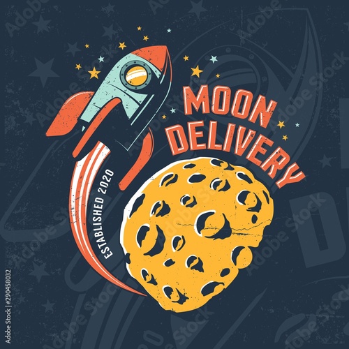 Rocket fly around Moon. Vintage space poster. Moon delivery - retro vector illustration. Worn grunge texture on separate layer.