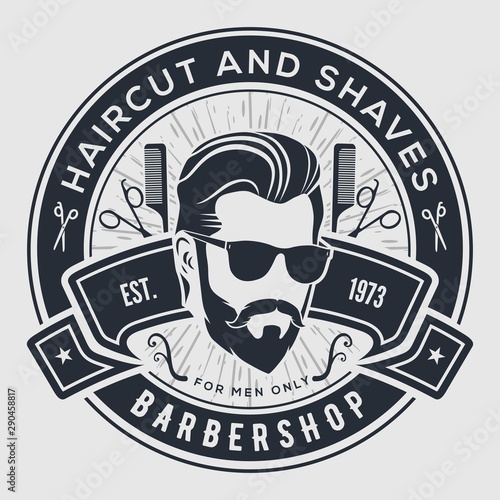 Barber shop poster, banner template with hipster face. Vector illustration