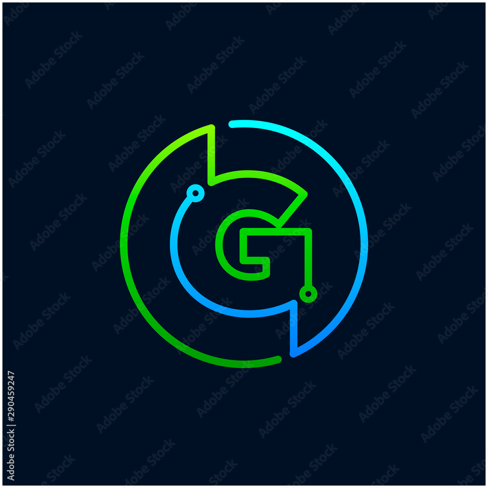 Letter G mono line logo with element chip, Connect concept , Circle shape symbol, green and blue color, Technology and digital abstract dot connection - vector Letter G mono line logo with element chip, Connect concept , Circle shape symbol, green and blue color, Technology and digital abstract dot connection - vector