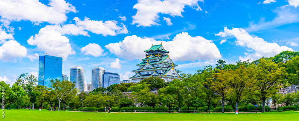 Fototapeta premium Błękitne niebo i zielony zamek osaka