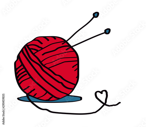A ball of thread for knitting and knitting needles on a white background. Vector illustration. 
