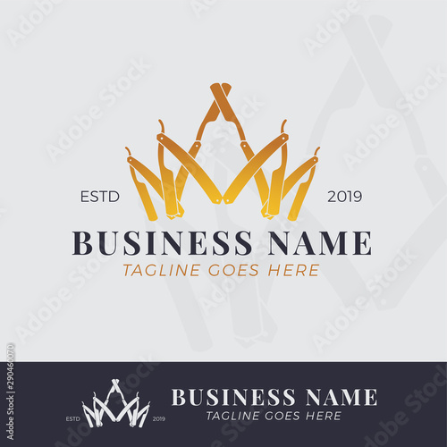 Barbershop logo template design with Gold razor blade incorporated into a crown on dark background