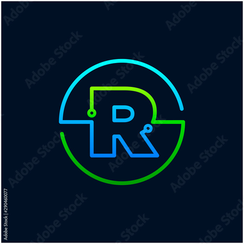 Free Download Letter R mono line logo with element chip, Connect concept , Circle shape symbol, green and blue color, Technology and digital abstract dot connection - vector - GFXLoad