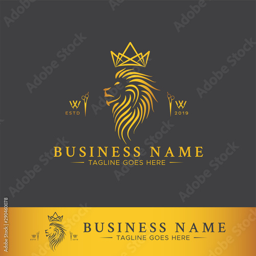 Barbershop logo template design with Gold Lion Head Brush ,Crown, Razor blade and scissor icon on dark background