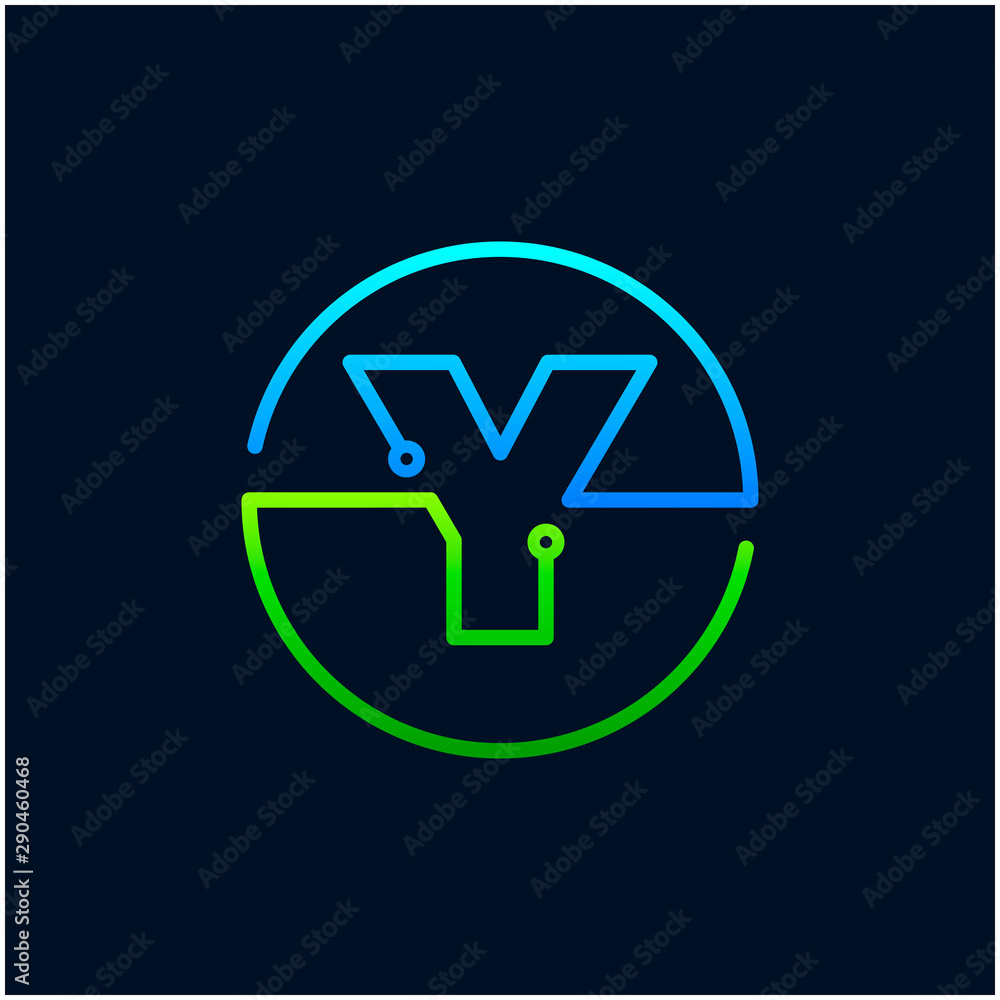 Letter Y mono line logo with element chip, Connect concept , Circle shape symbol, green and blue color, Technology and digital abstract dot connection - vector Letter Y mono line logo with element chip, Connect concept , Circle shape symbol, green and blue color, Technology and digital abstract dot connection - vector